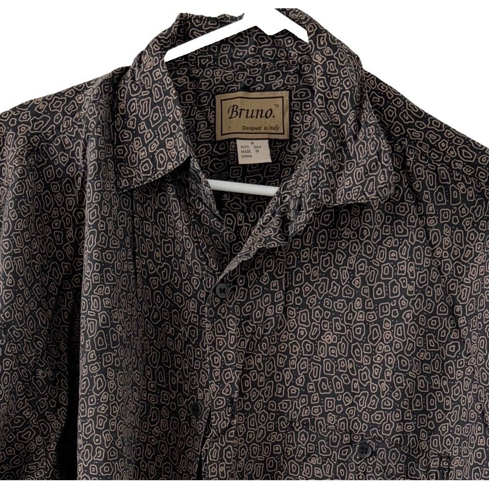 VTG Bruno Italy 100% Silk Print Geometric Long Sleeve Shirt Mens Large Button Up